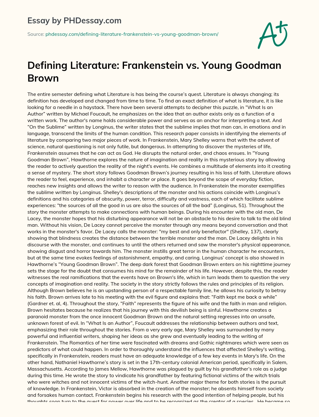 Defining Literature: Frankenstein vs. Young Goodman Brown essay