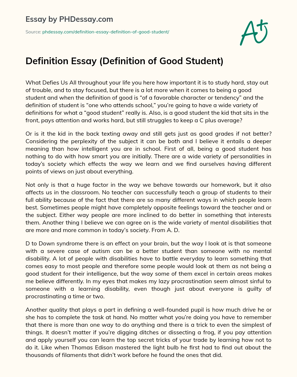 Definition Essay (Definition of Good Student) essay