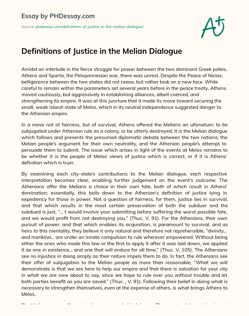 Definitions of Justice in the Melian Dialogue essay
