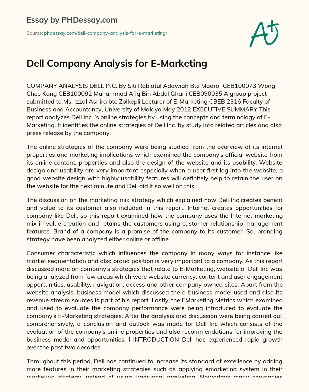 Dell Company Analysis for E-Marketing essay