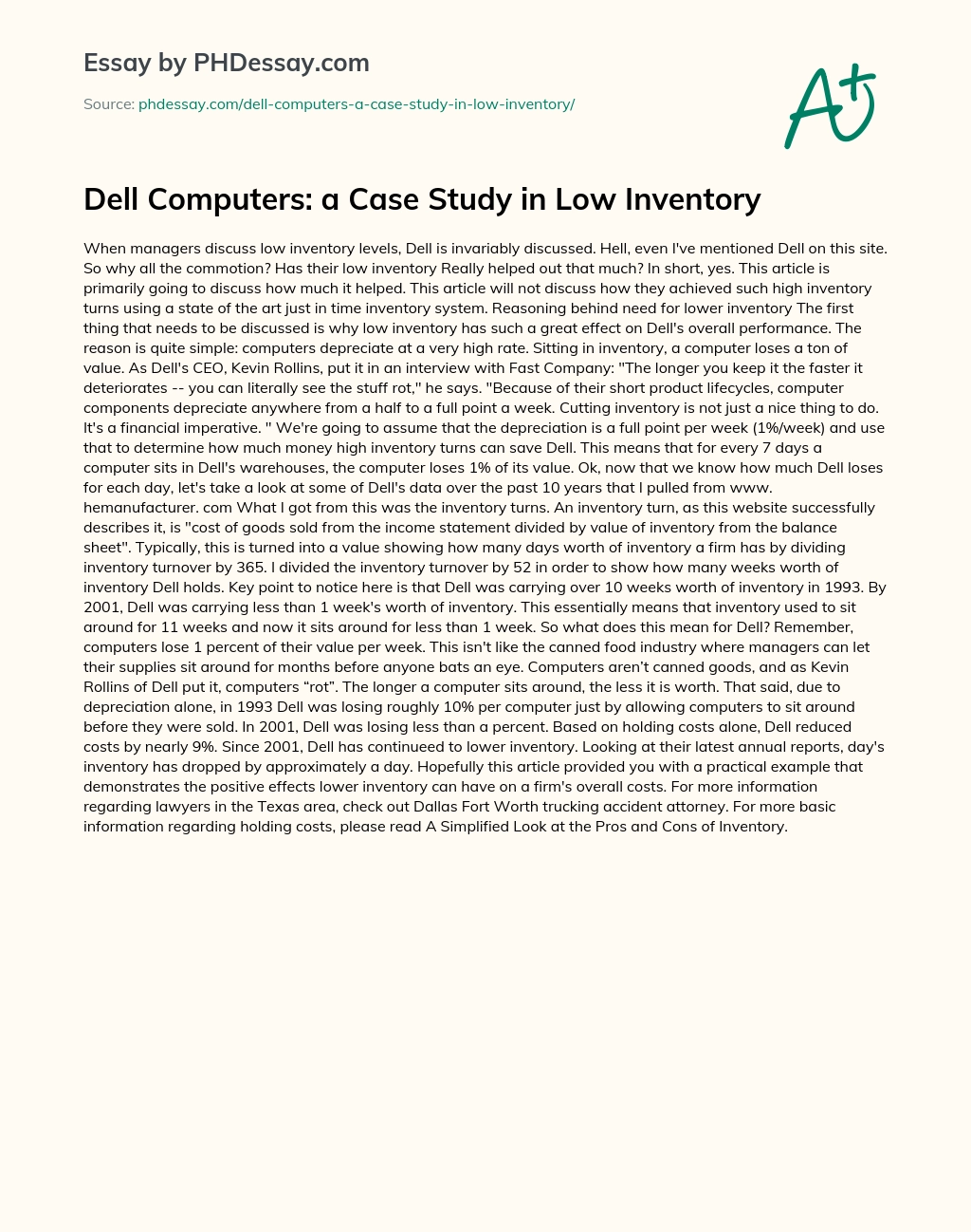Dell Computers: a Case Study in Low Inventory essay