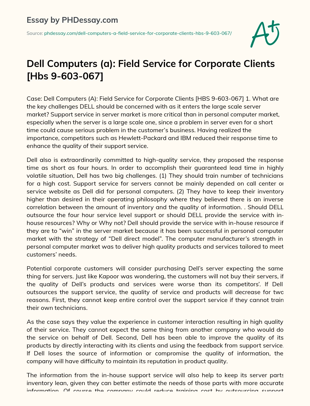 Dell Computers (a): Field Service for Corporate Clients [Hbs 9-603-067] essay