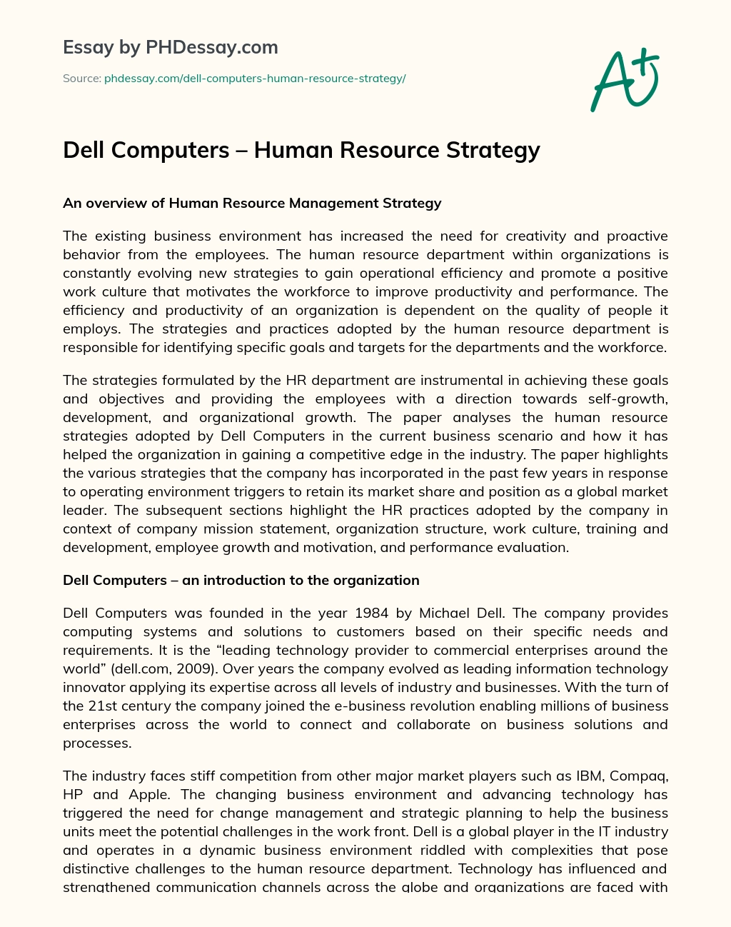 Dell Computers – Human Resource Strategy essay