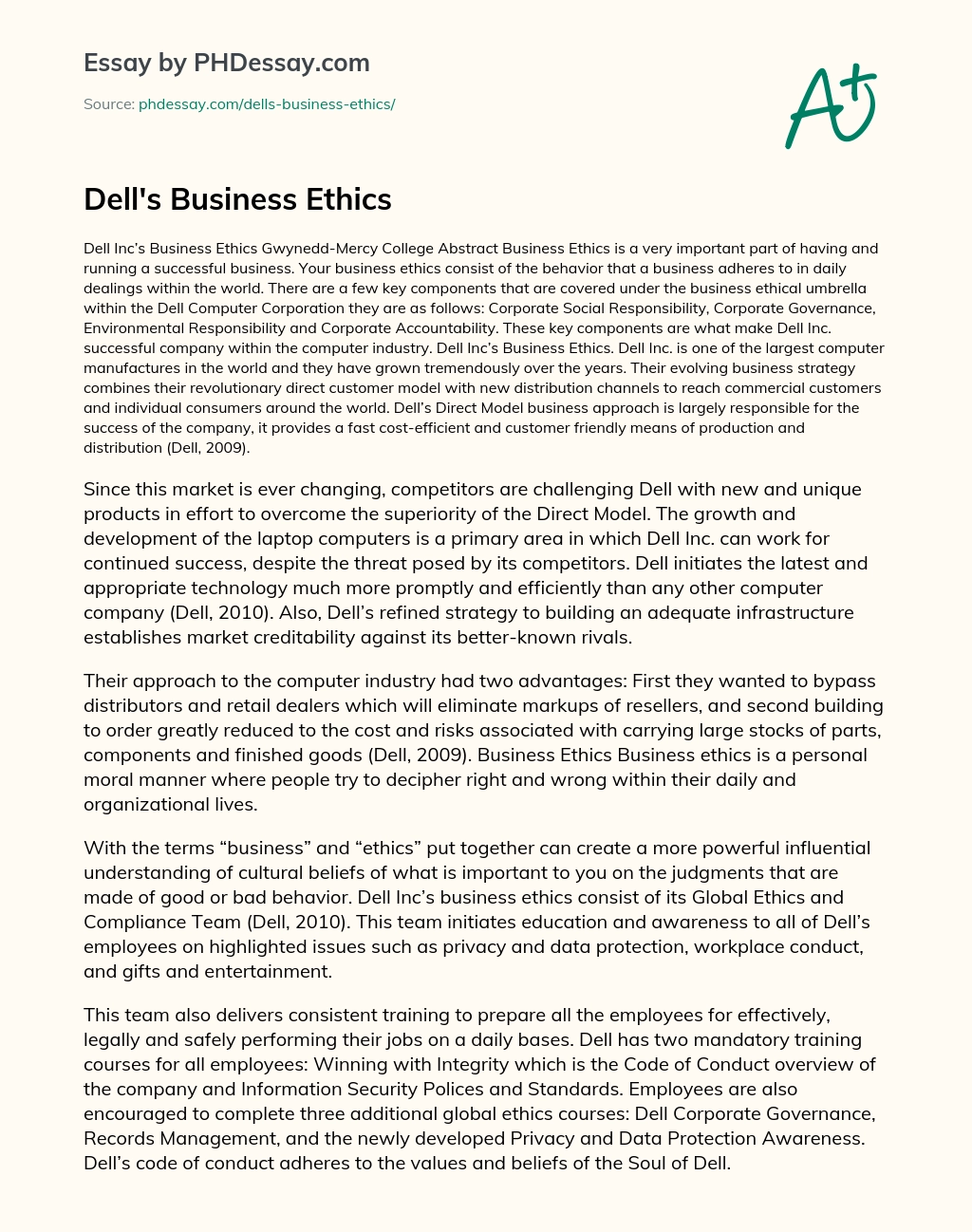 Dell’s Business Ethics essay