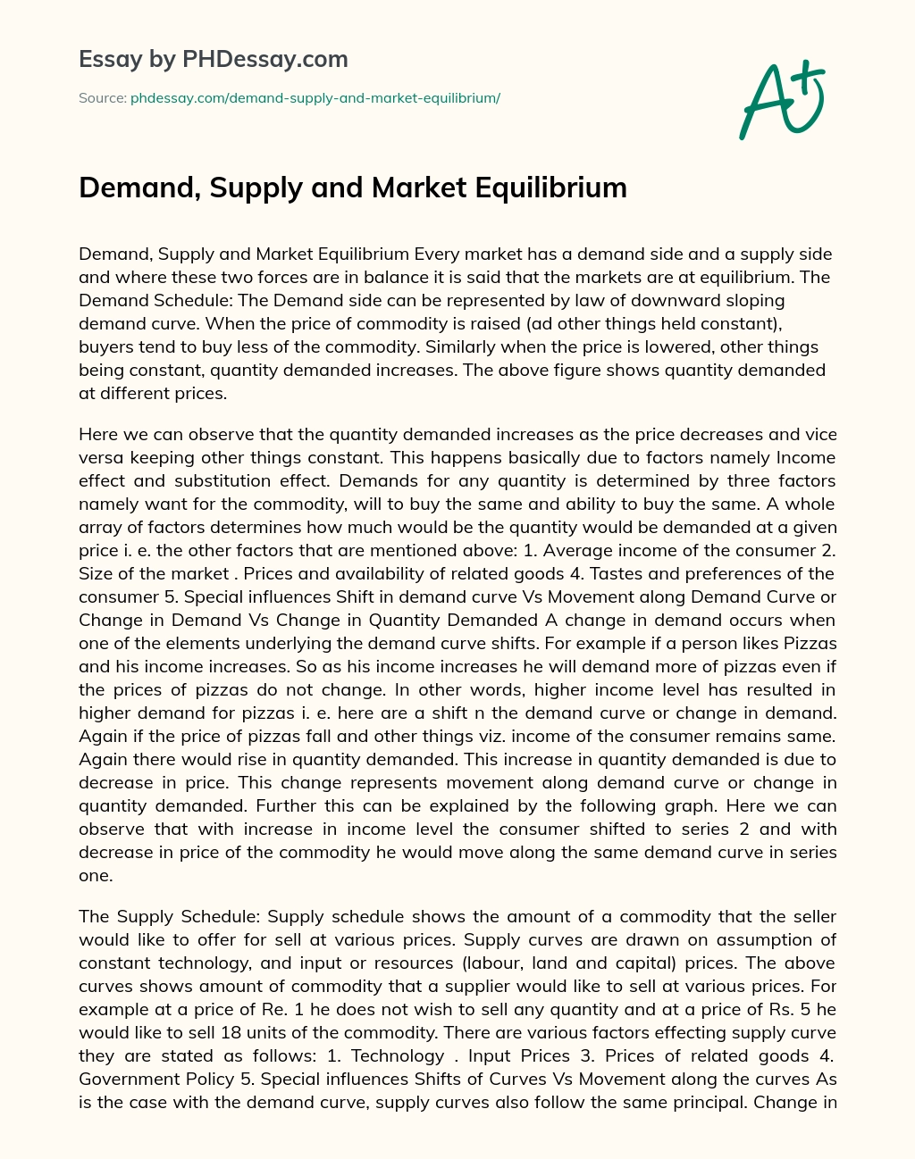 Demand, Supply and Market Equilibrium essay