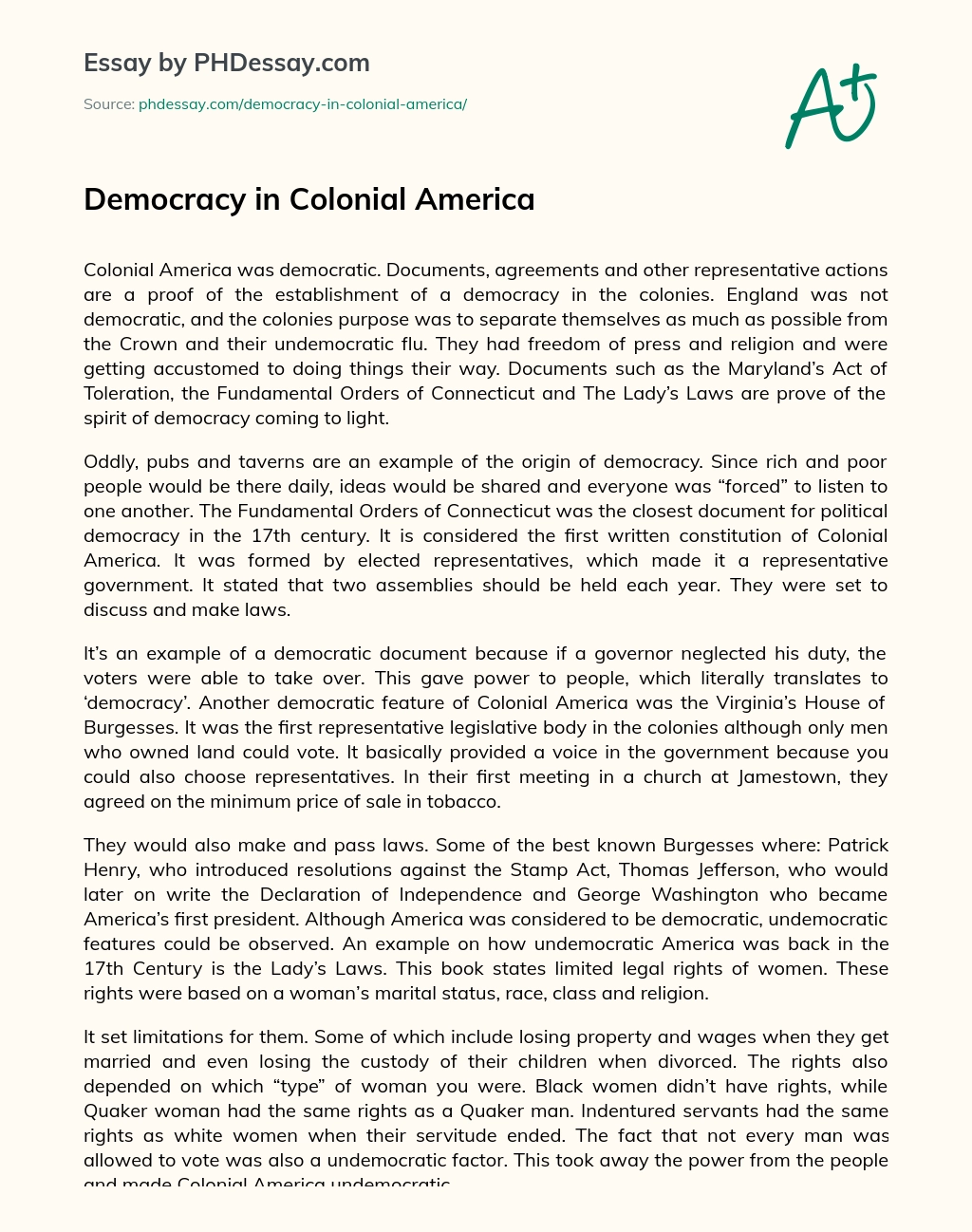 Democracy in Colonial America essay