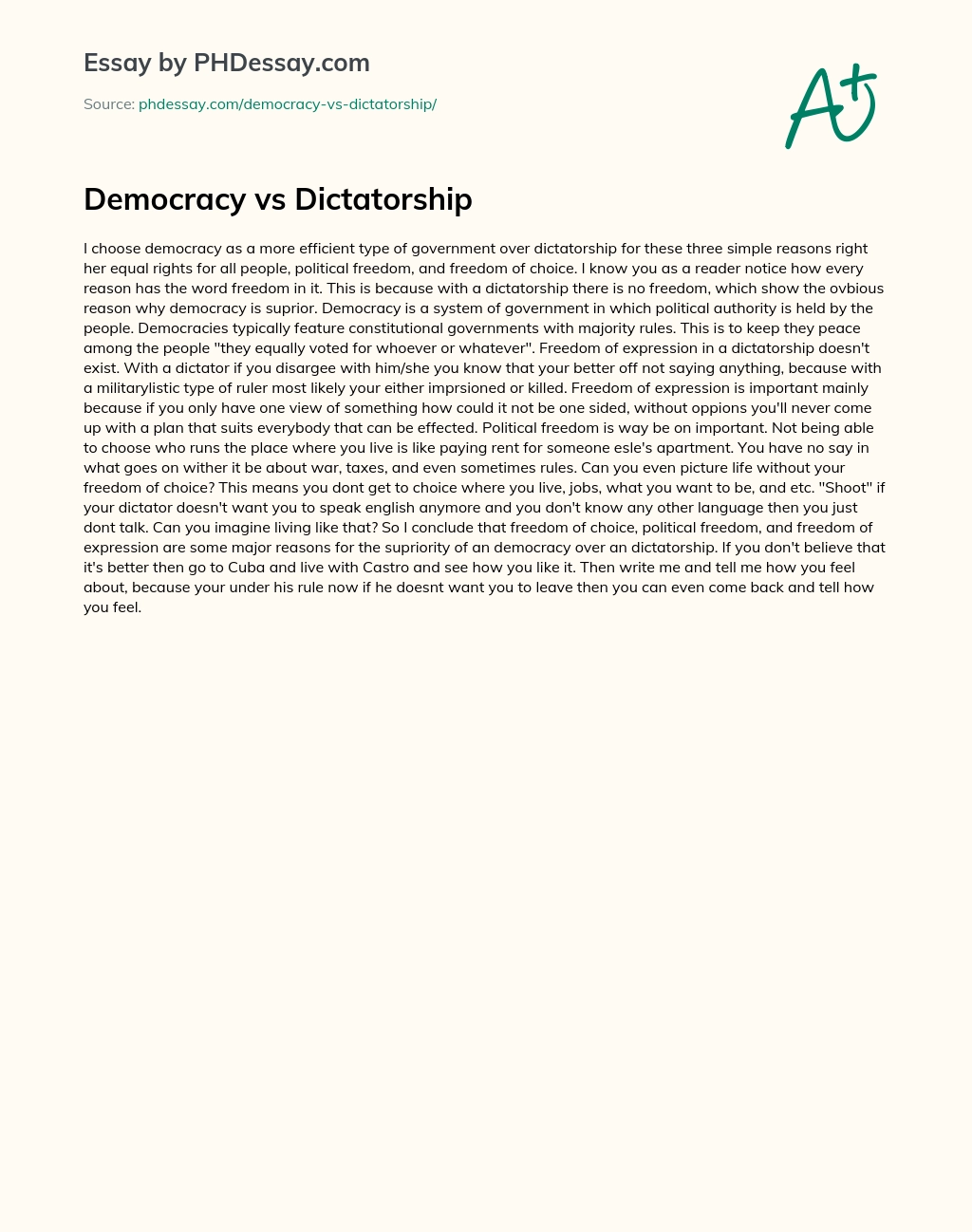 Democracy vs Dictatorship essay