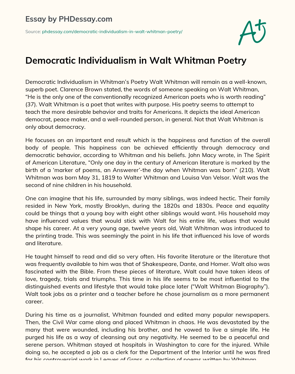 Democratic Individualism in Walt Whitman Poetry essay
