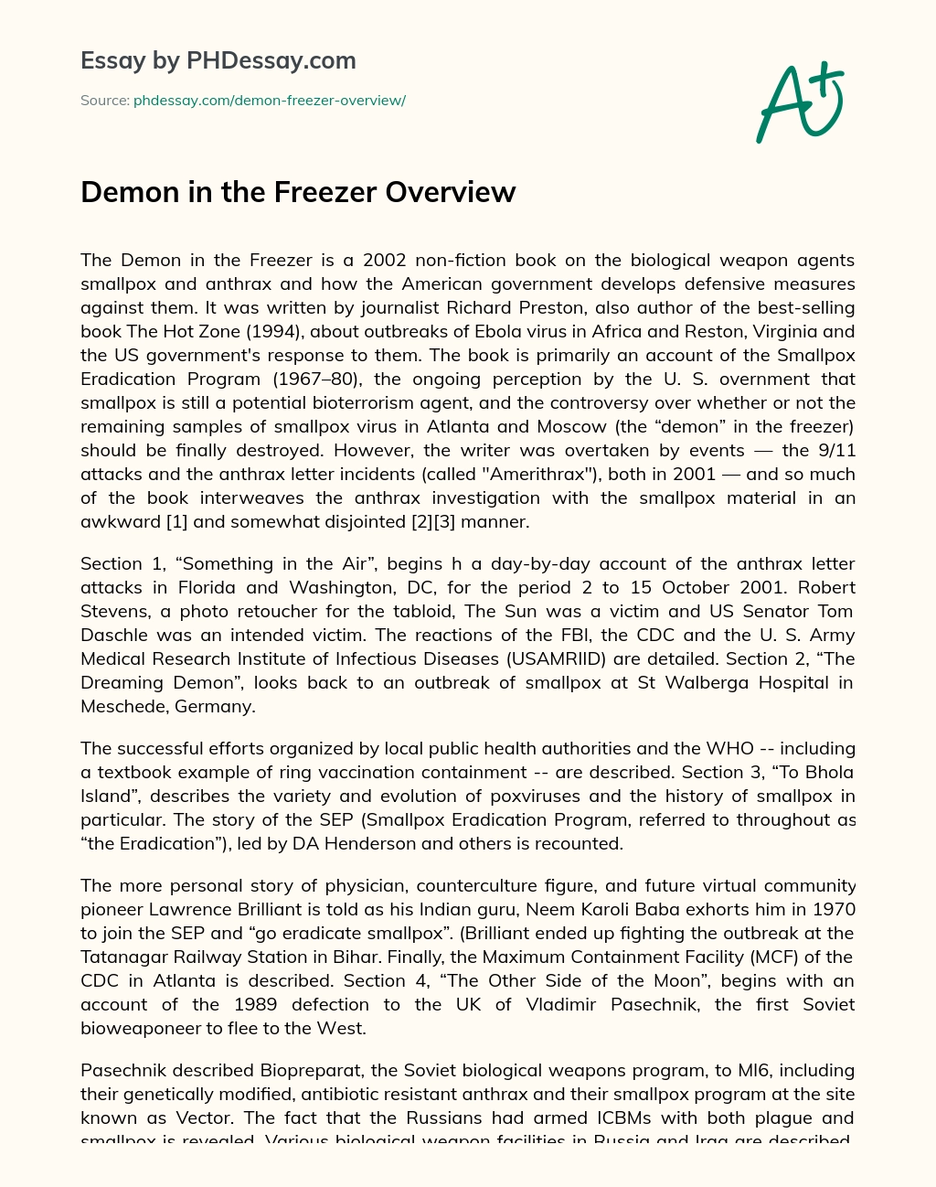 Demon in the Freezer Overview essay