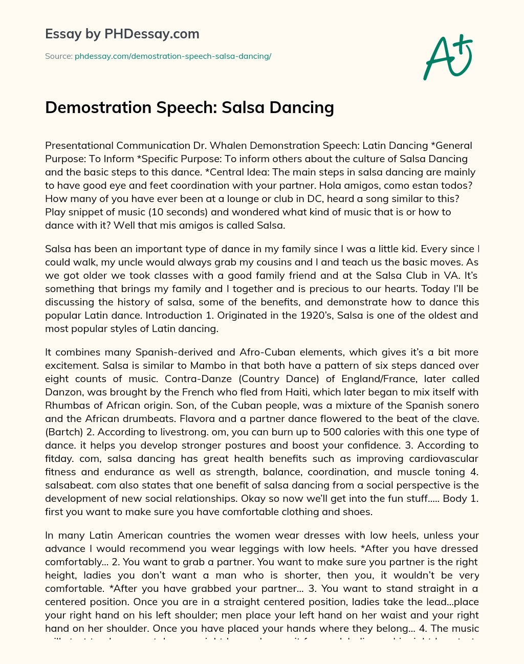 Demostration Speech: Salsa Dancing essay