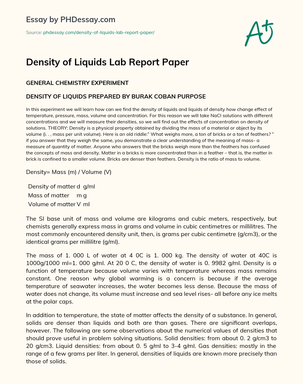 Density of Liquids Lab Report Paper essay
