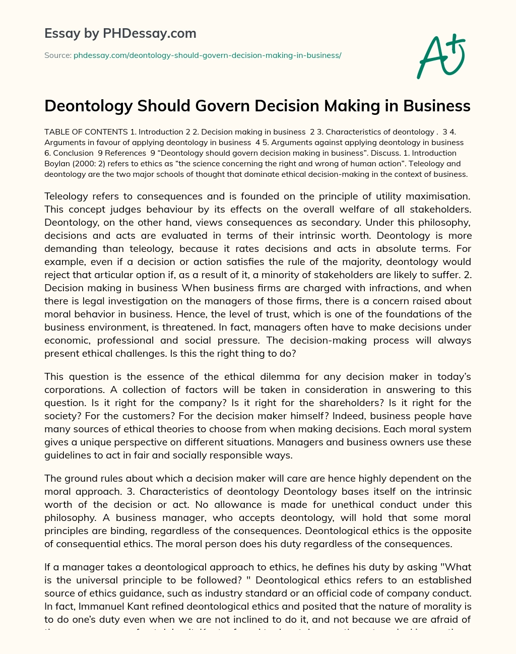 Deontology Should Govern Decision Making in Business essay