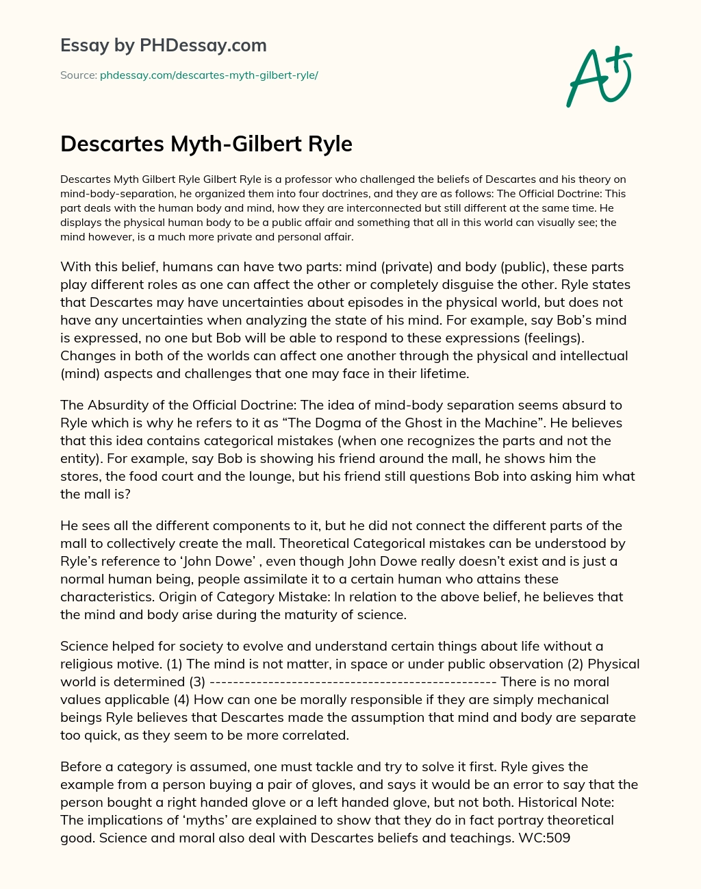 Descartes Myth-Gilbert Ryle essay