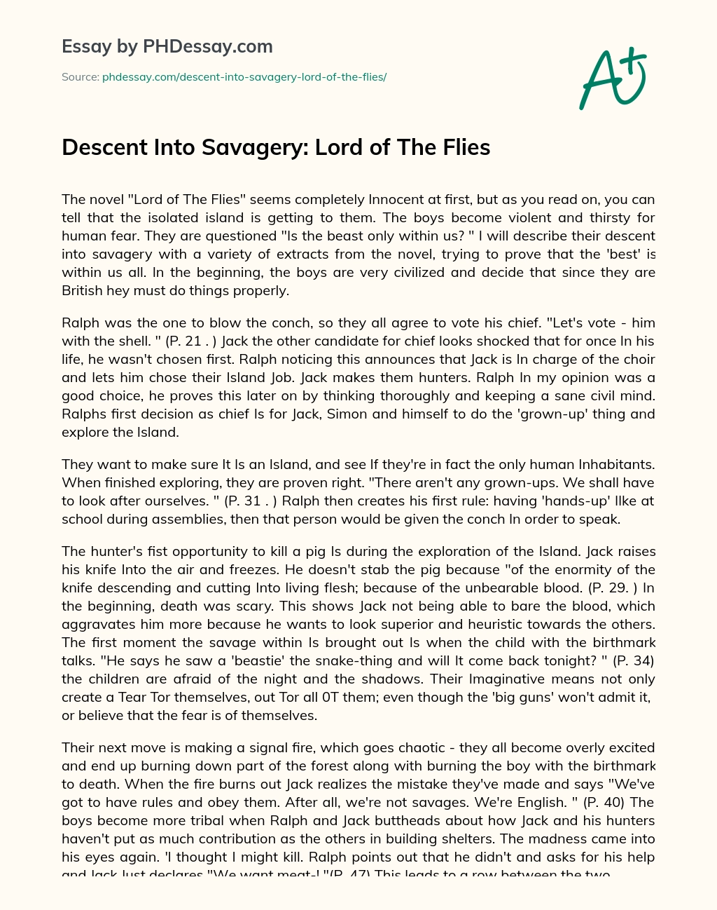 Descent Into Savagery: Lord of The Flies essay