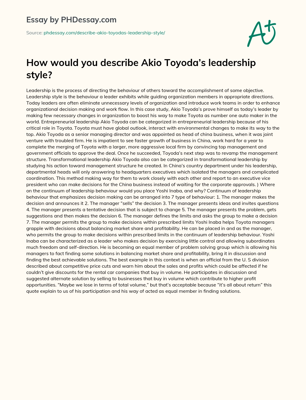 How would you describe Akio Toyoda’s leadership style? essay