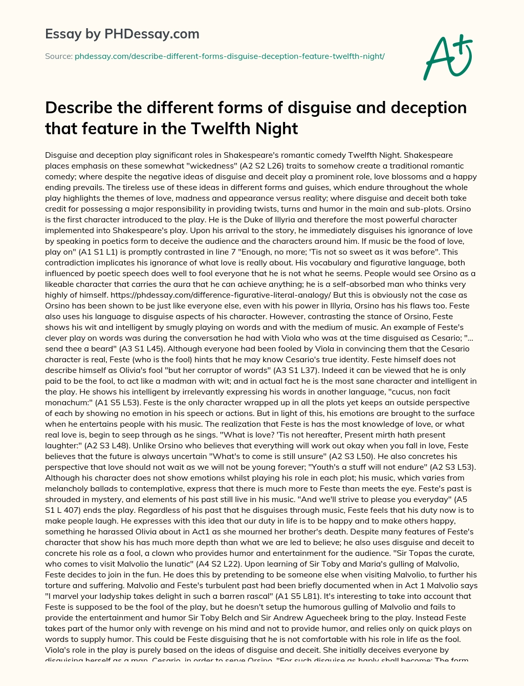 Describe the different forms of disguise and deception that feature in the Twelfth Night essay
