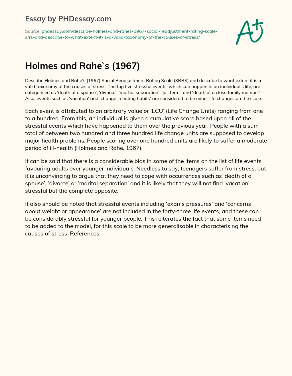Holmes and Rahe`s (1967) essay