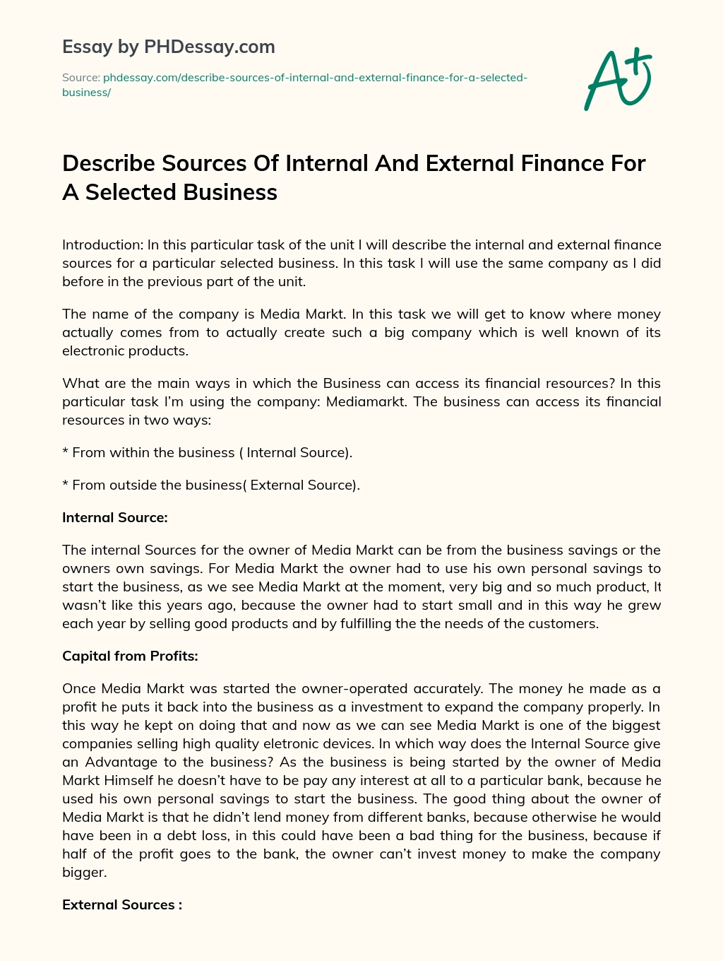 Describe Sources Of Internal And External Finance For A Selected Business essay