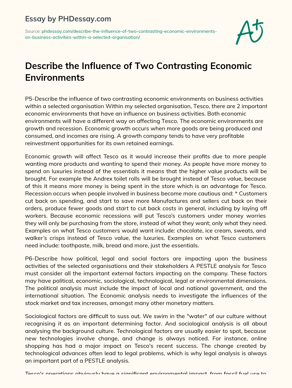 Describe the Influence of Two Contrasting Economic Environments essay