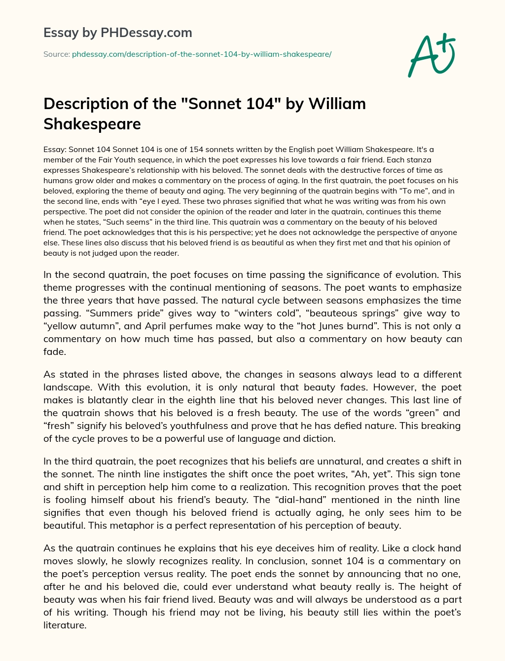 Description of the Sonnet 104 by William Shakespeare essay