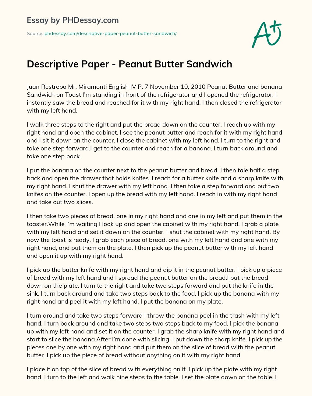 Descriptive Paper – Peanut Butter Sandwich essay