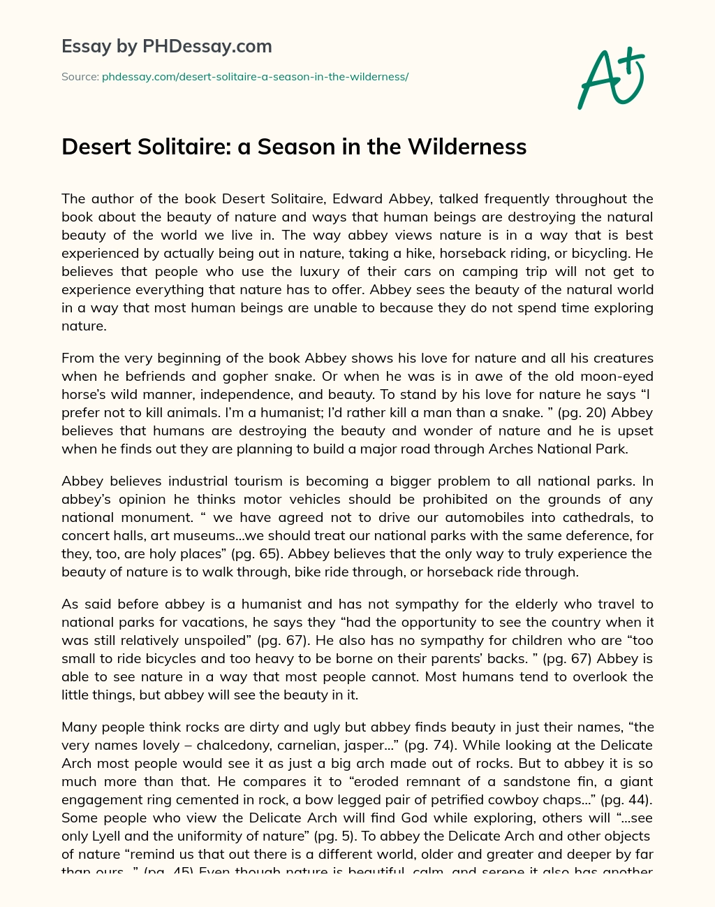 Desert Solitaire: a Season in the Wilderness essay