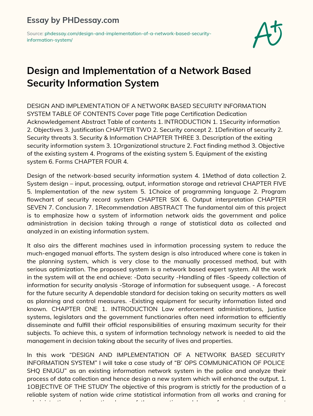 Design and Implementation of a Network Based Security Information System essay