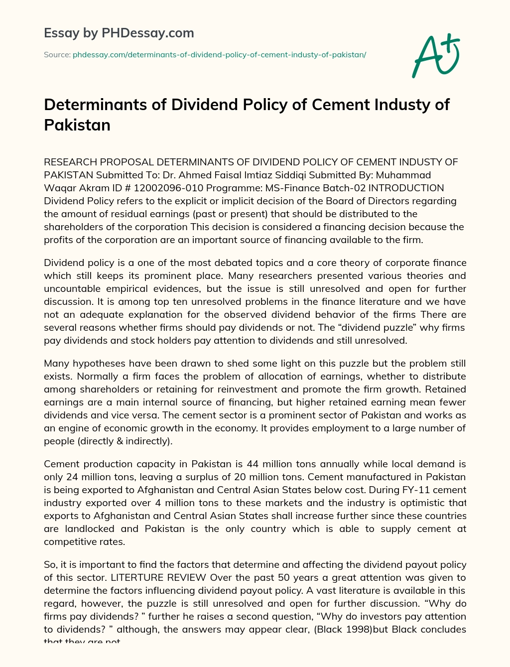 Determinants of Dividend Policy of Cement Industy of Pakistan essay