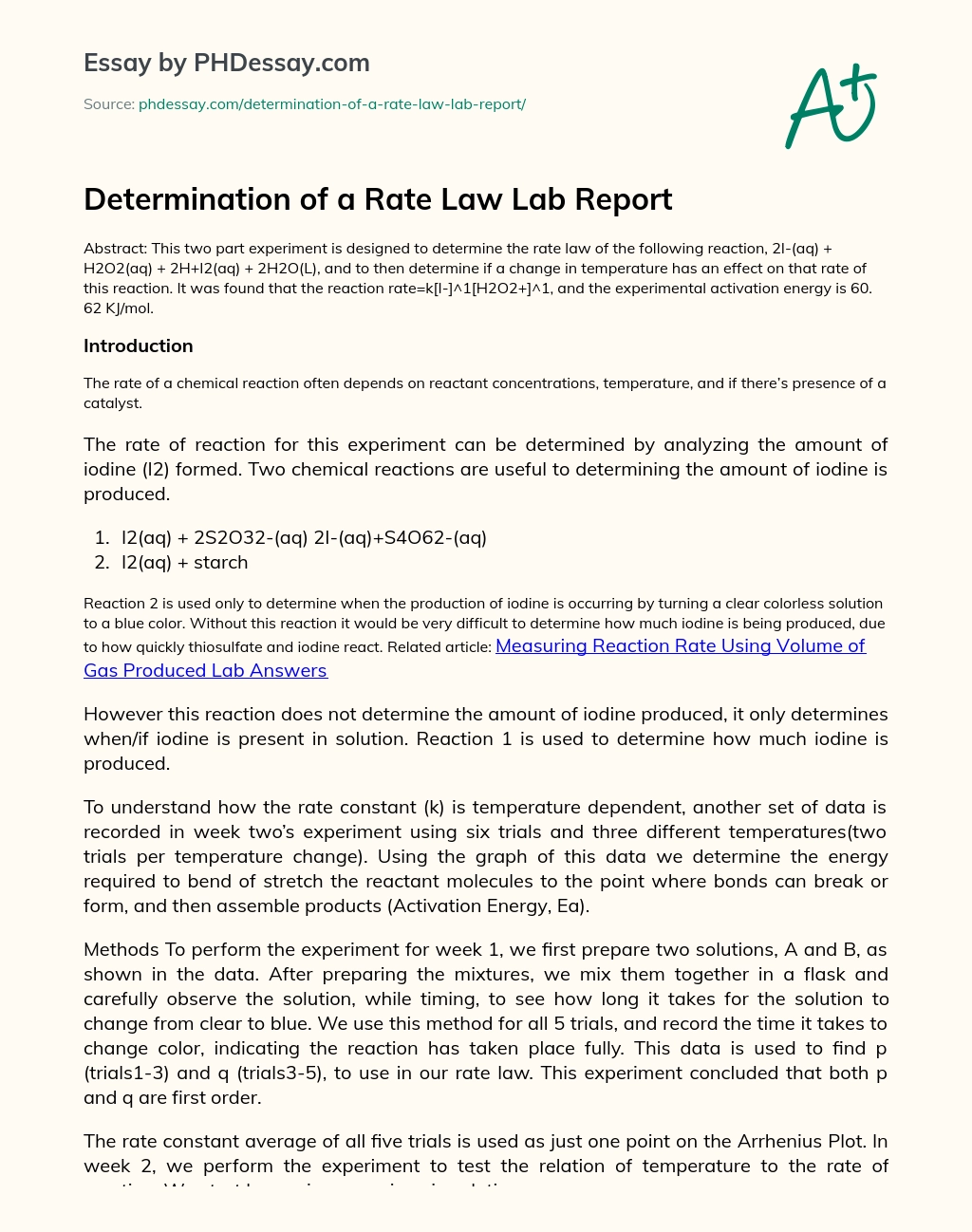 Determination of a Rate Law Lab Report essay