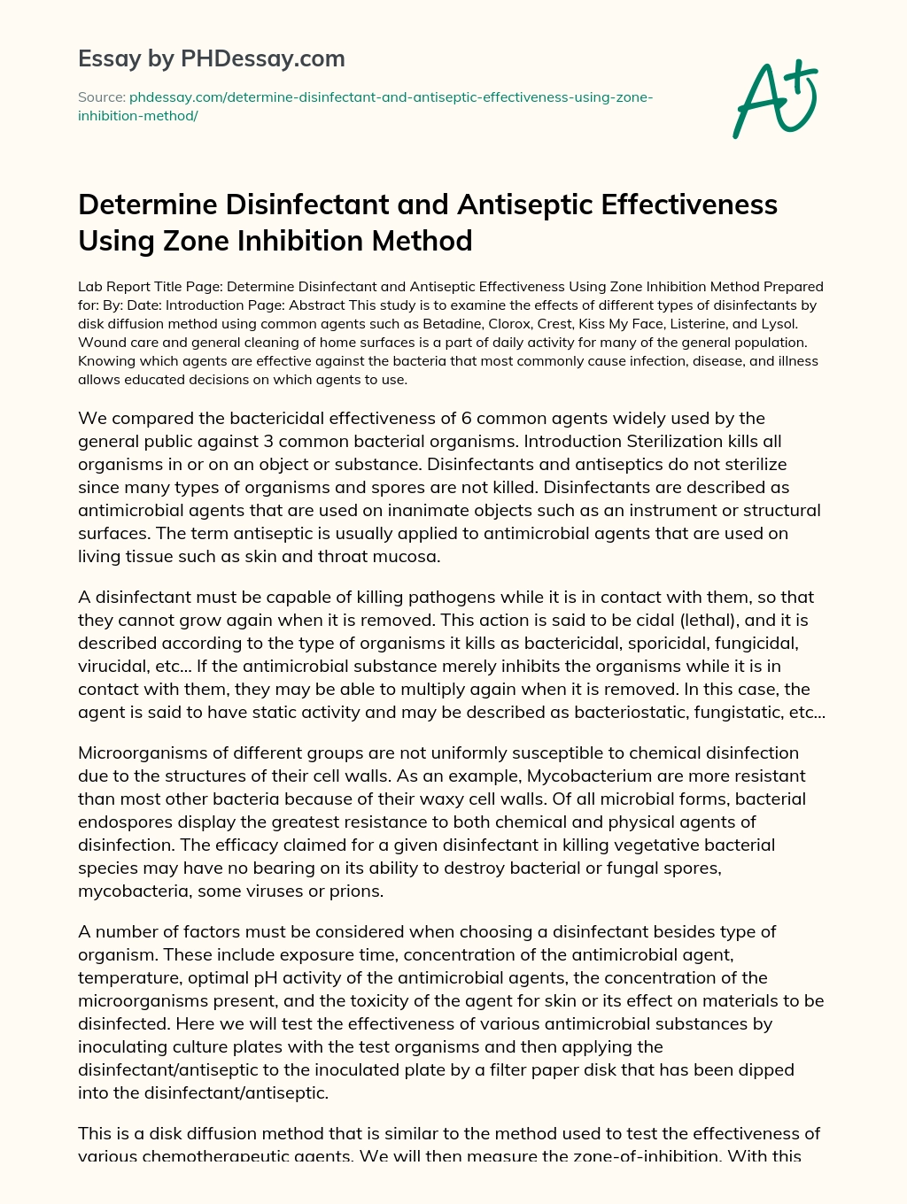 Determine Disinfectant and Antiseptic Effectiveness Using Zone Inhibition Method essay