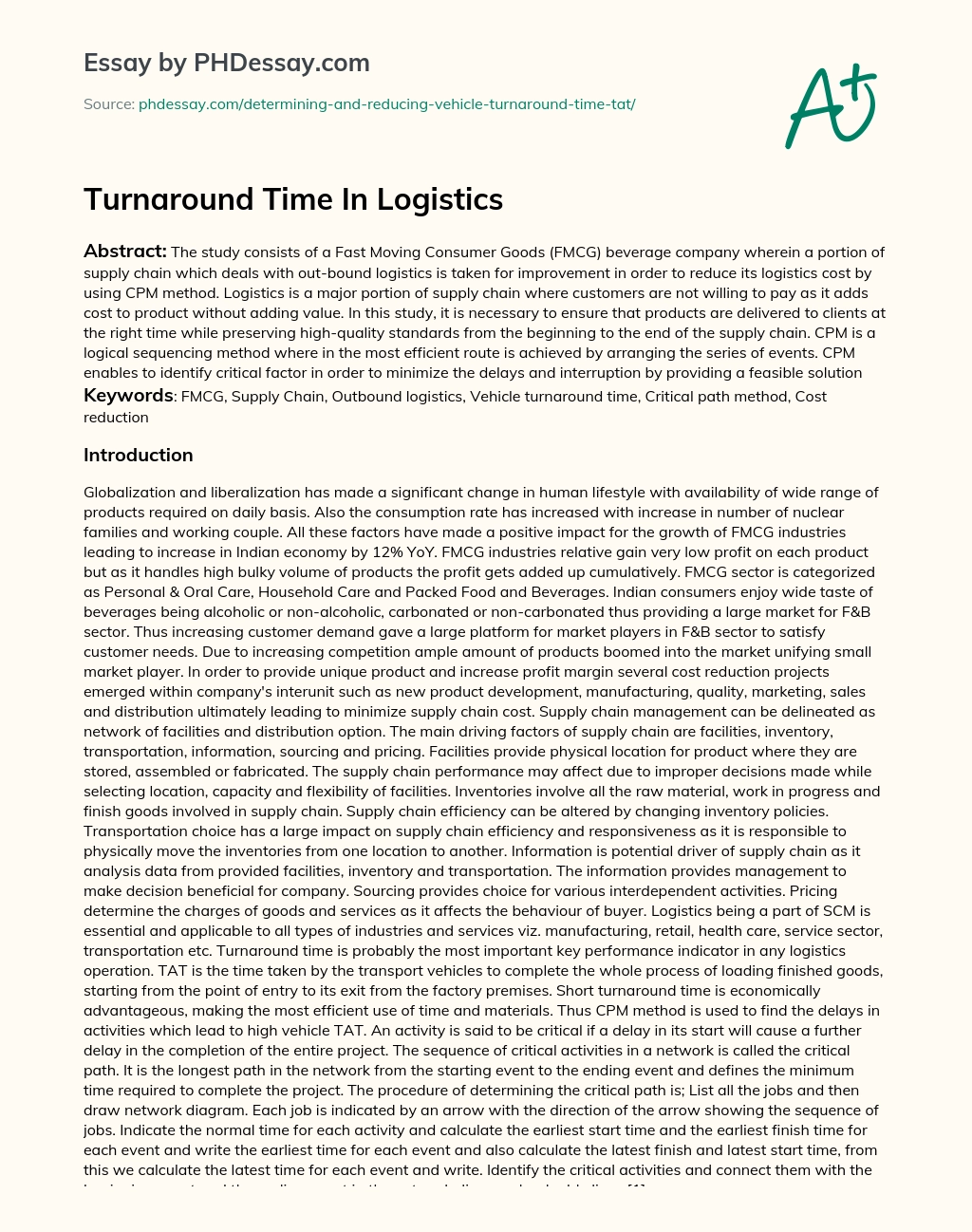 Turnaround Time In Logistics essay