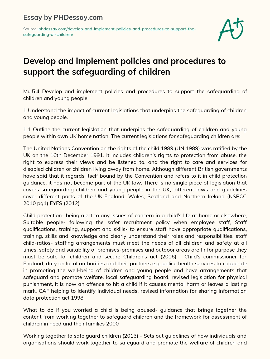 Develop and Implement Policies and Procedures to Support the Safeguarding of Children essay