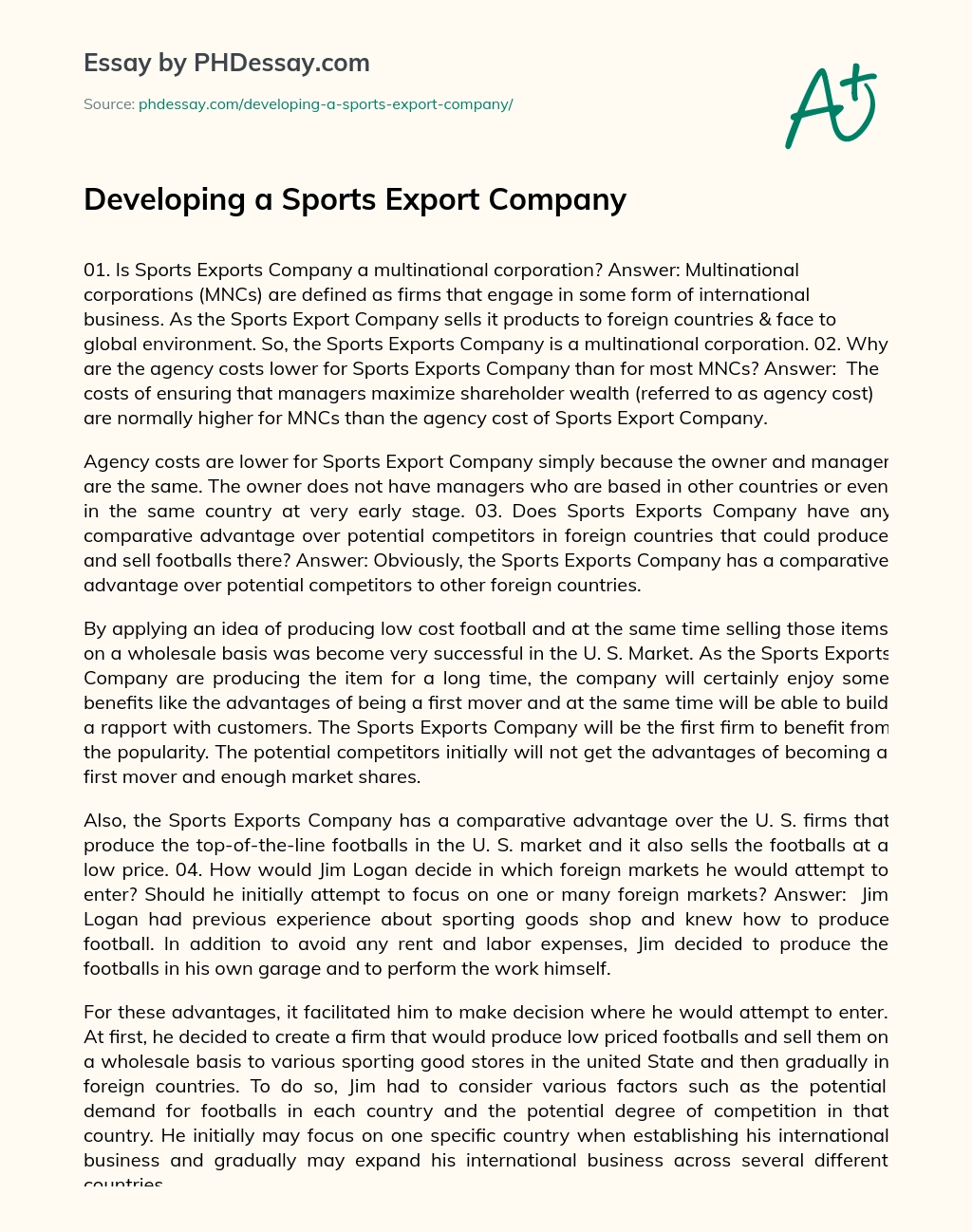 Developing a Sports Export Company essay