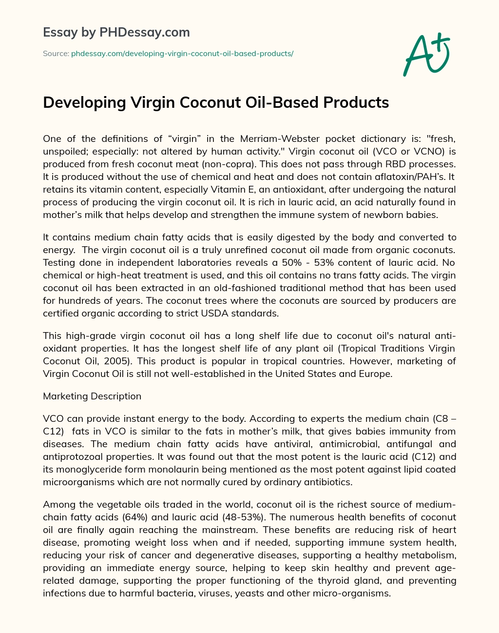 Developing Virgin Coconut Oil-Based Products essay