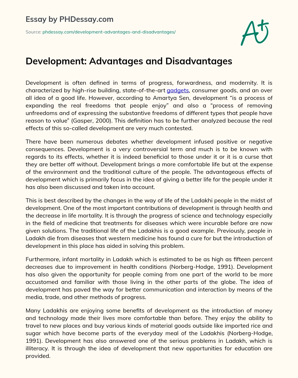 Development: Advantages and Disadvantages essay