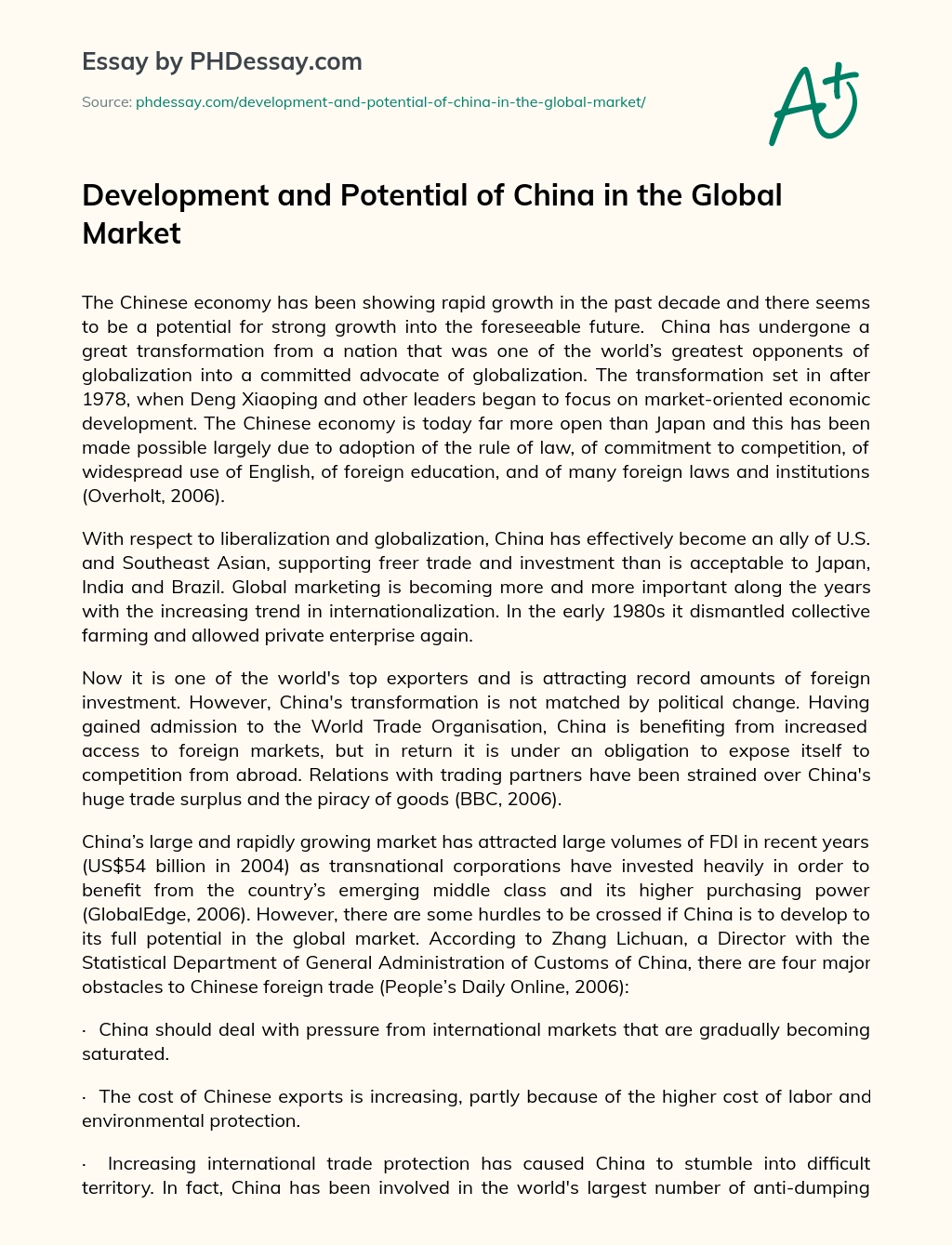 Development and Potential of China in the Global Market essay