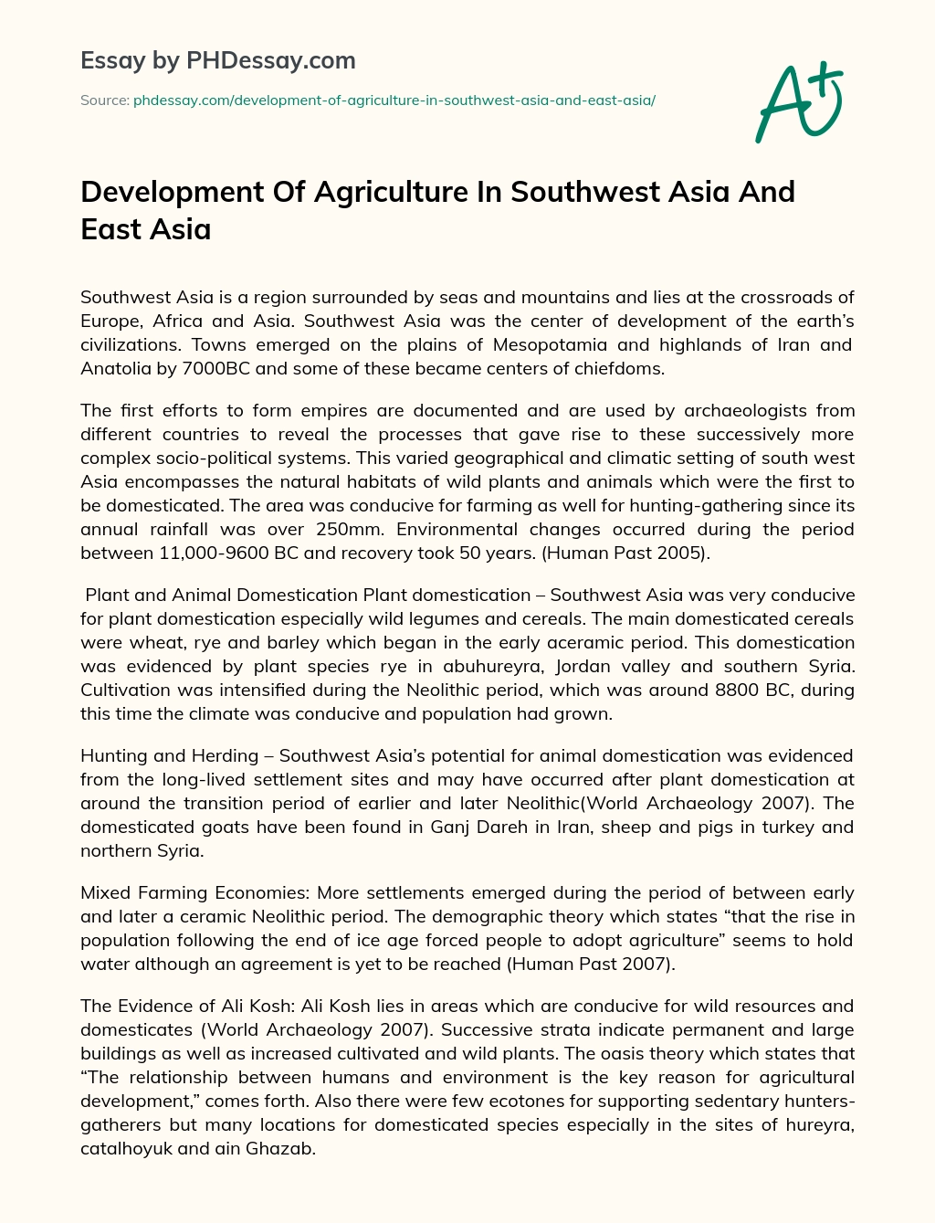 Development Of Agriculture In Southwest Asia And East Asia essay