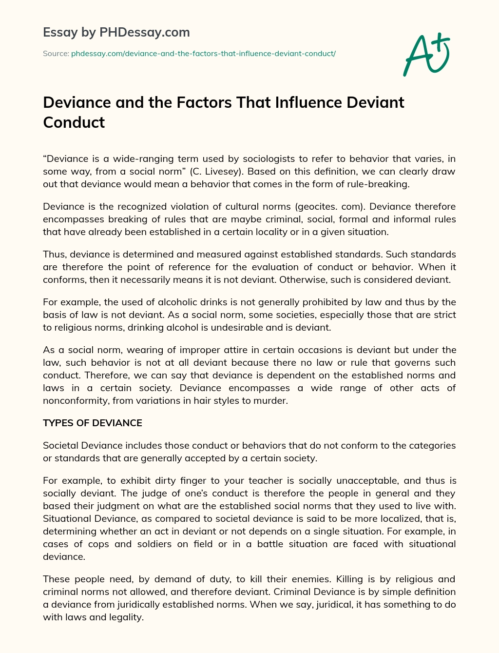 Deviance and the Factors That Influence Deviant Conduct essay