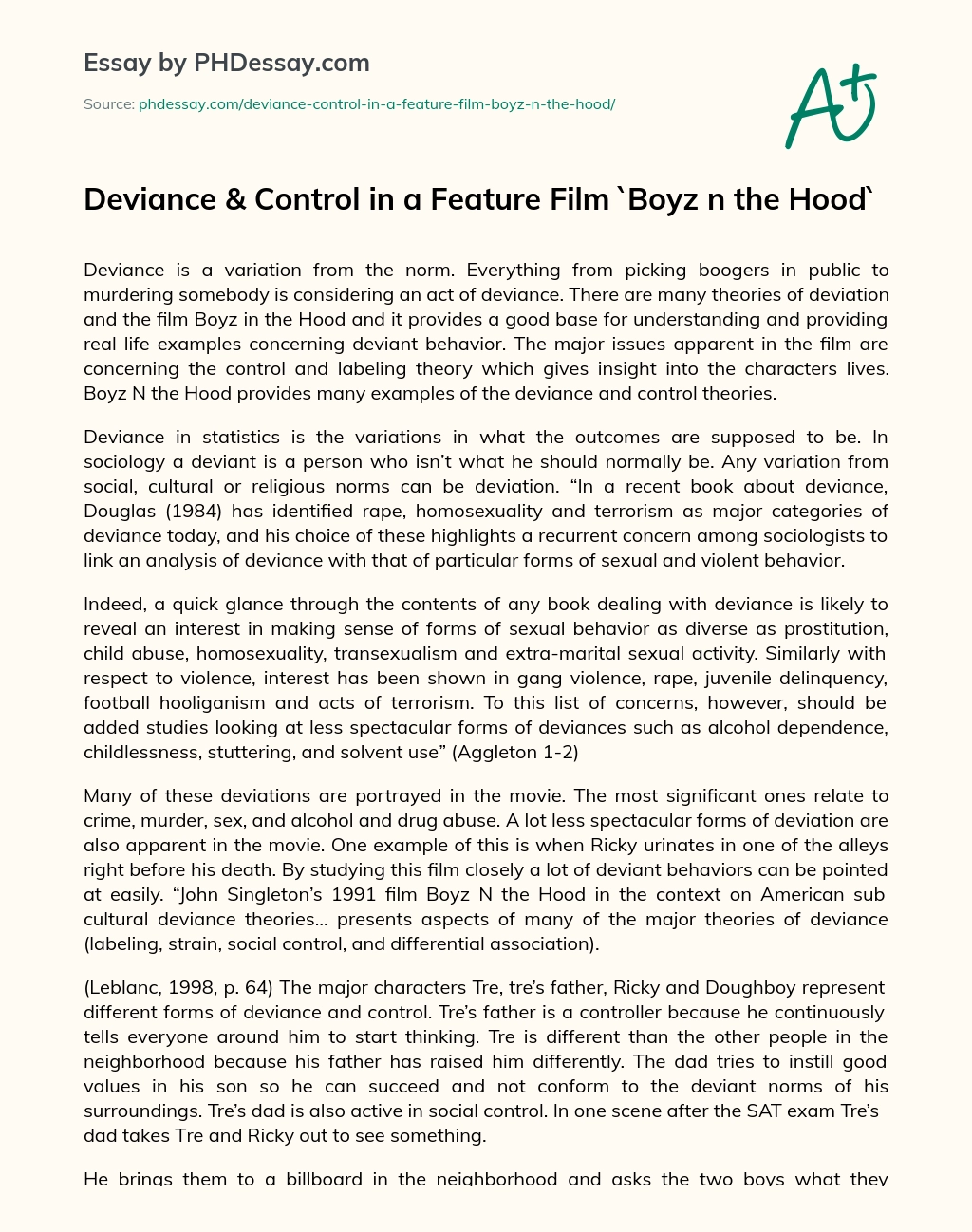Deviance & Control in a Feature Film `Boyz n the Hood` essay