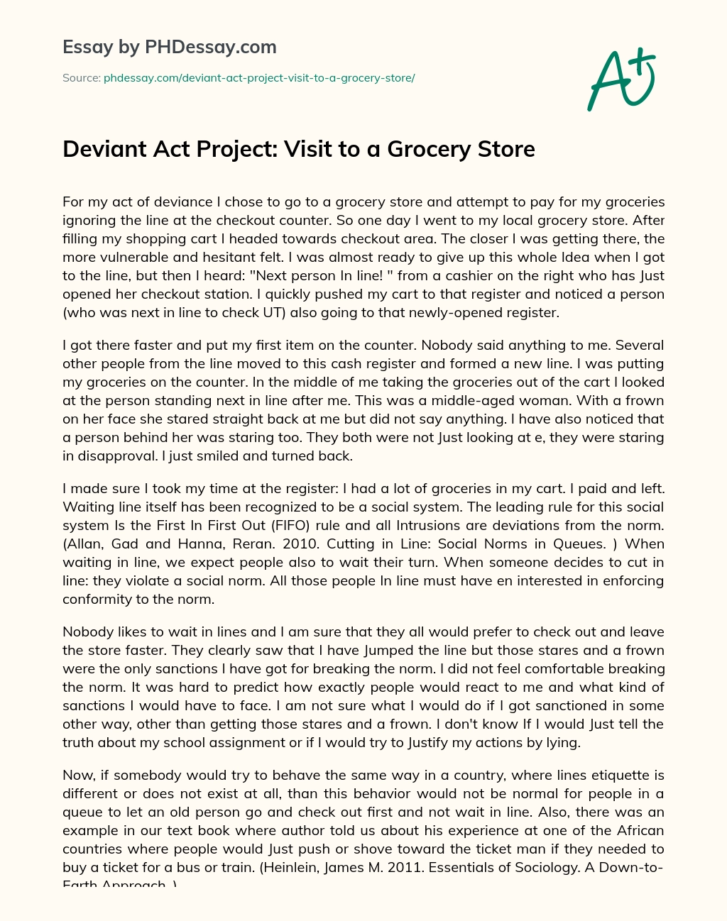 Deviant Act Project: Visit to a Grocery Store essay