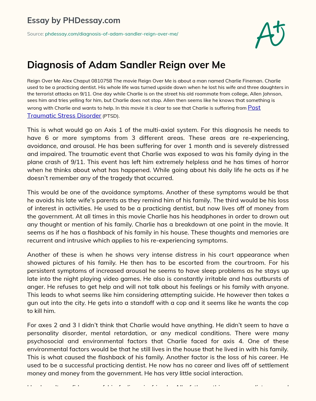 Diagnosis of Adam Sandler Reign over Me essay