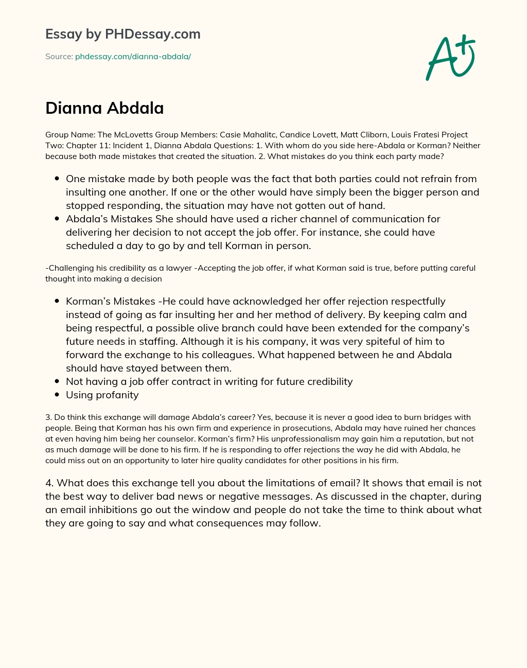 Dianna Abdala essay