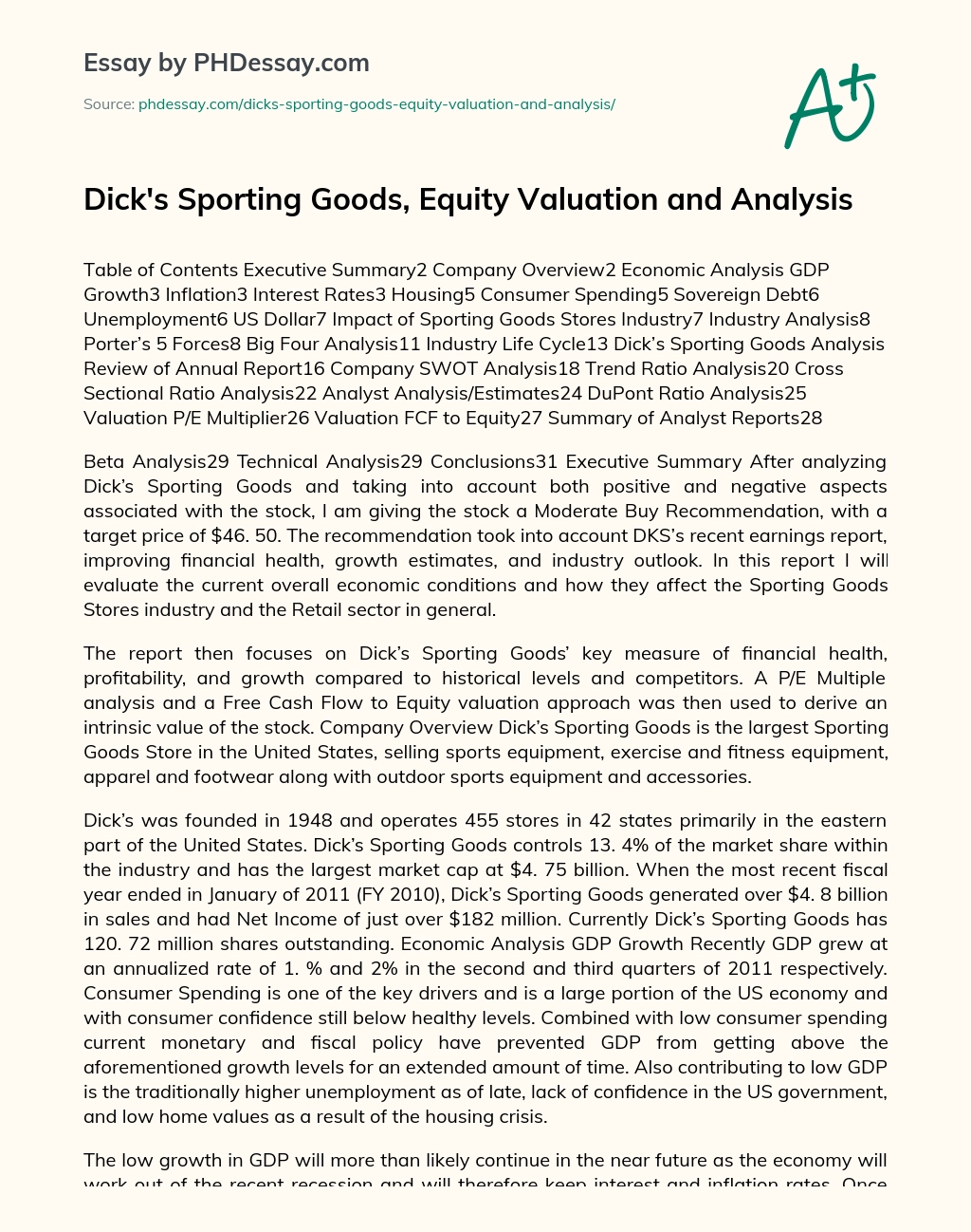 Dick’s Sporting Goods, Equity Valuation and Analysis essay