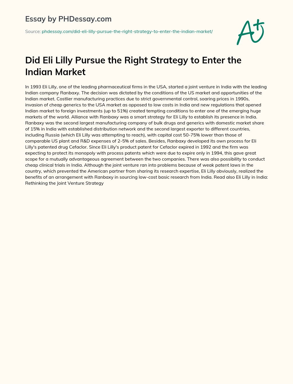 Did Eli Lilly Pursue the Right Strategy to Enter the Indian Market essay