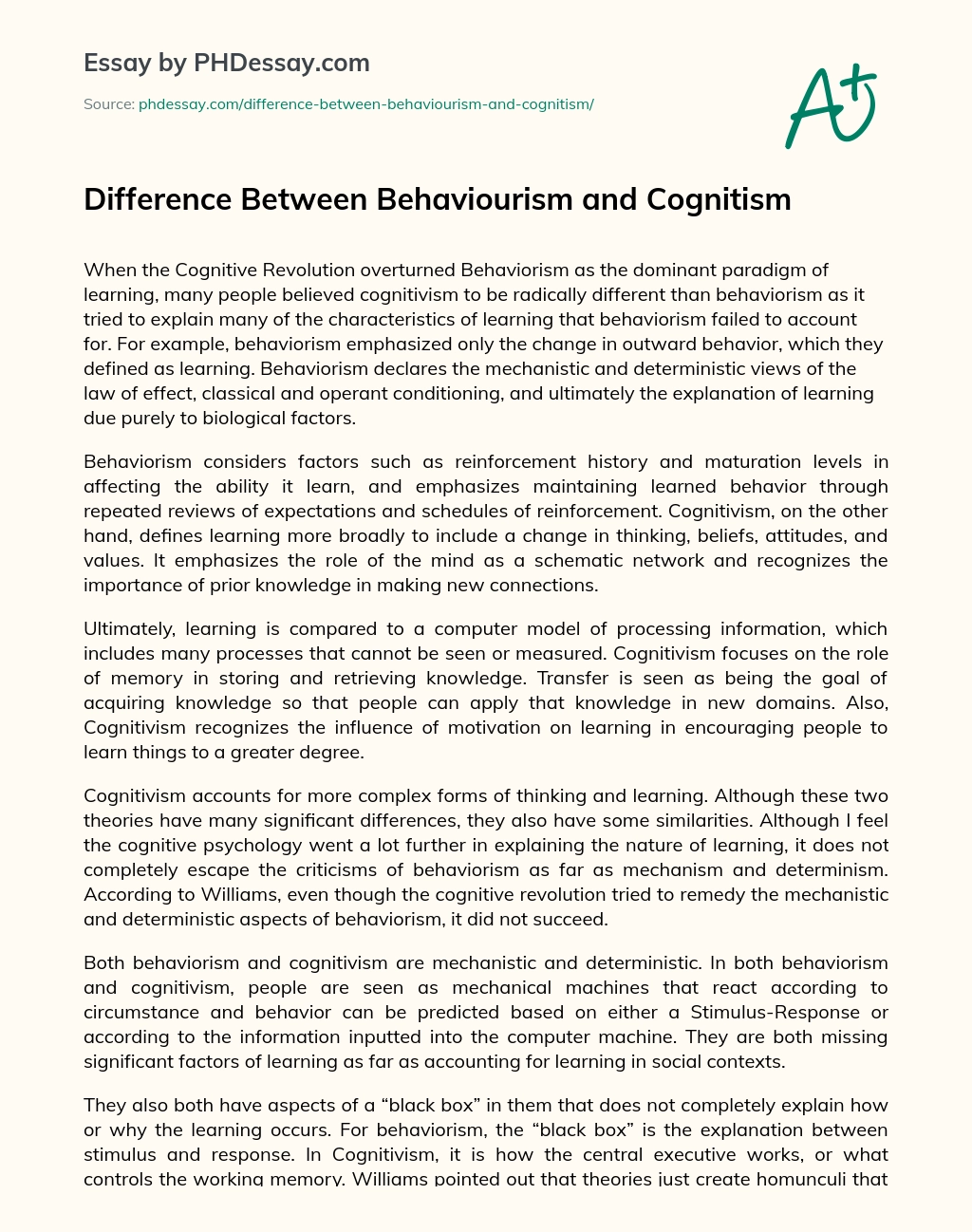 Difference Between Behaviourism and Cognitism essay