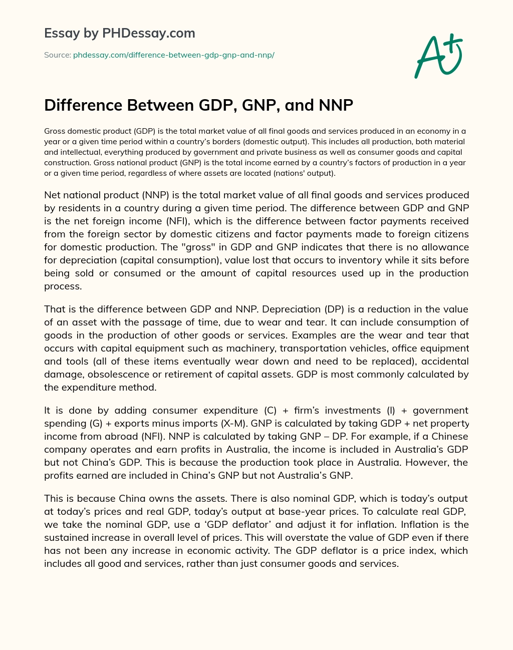 Difference Between GDP, GNP, and NNP essay