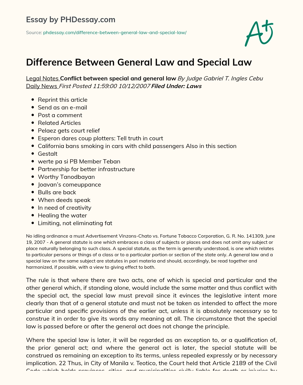 Difference Between General Law and Special Law essay