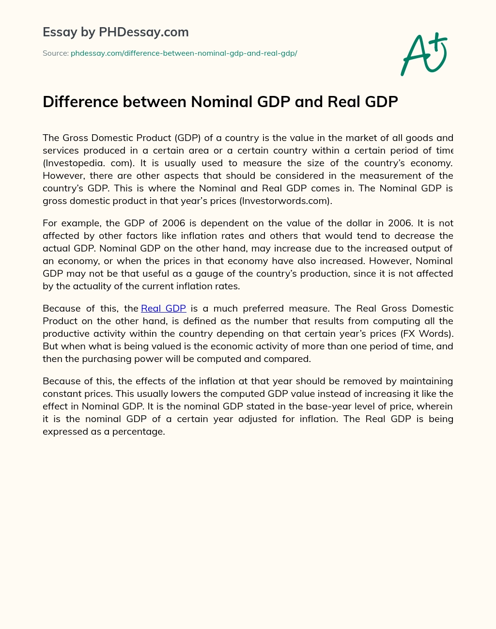Difference between Nominal GDP and Real GDP essay