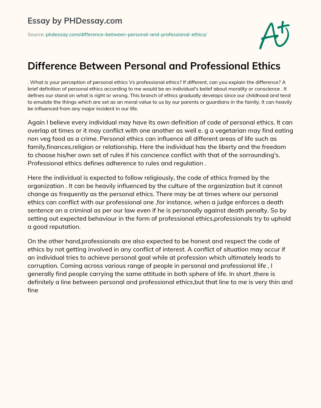 Difference Between Personal and Professional Ethics essay