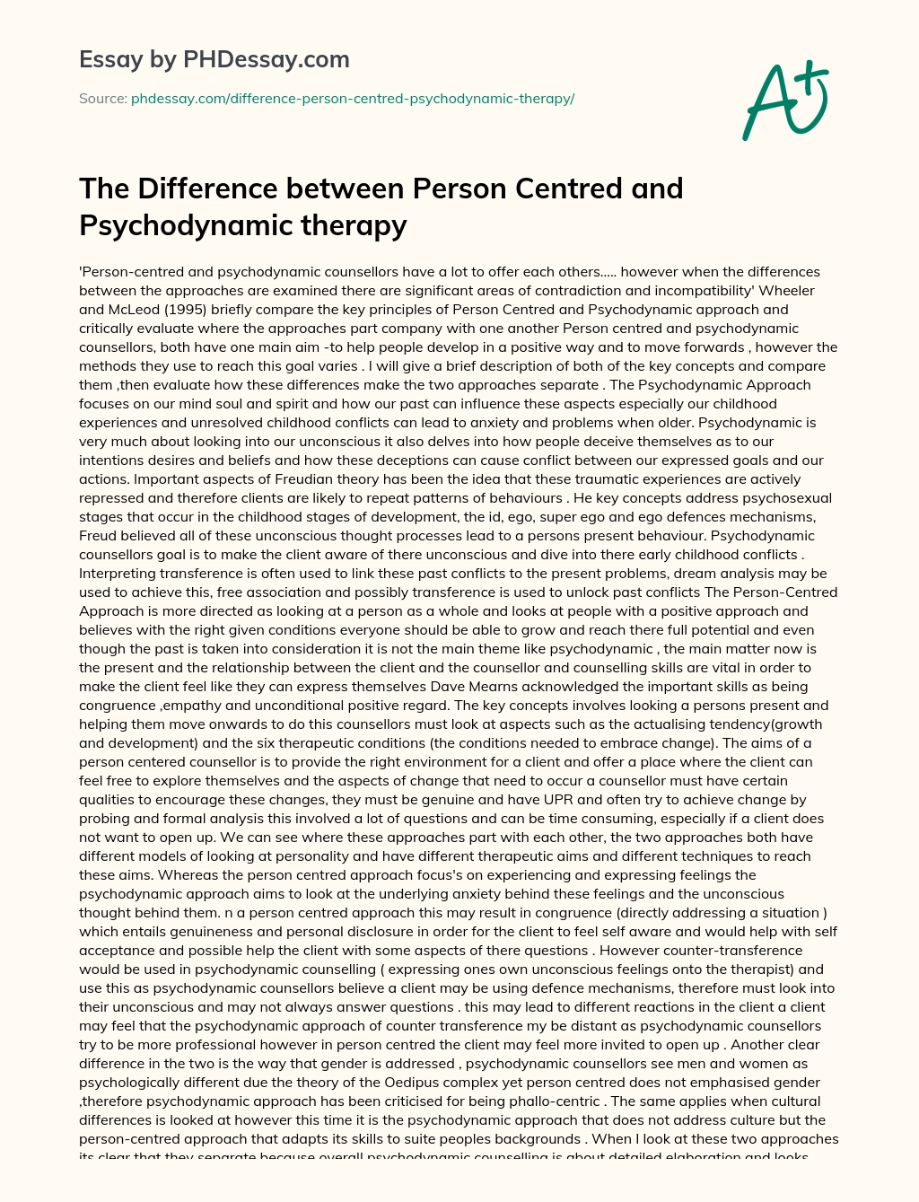 The Difference between Person Centred and Psychodynamic therapy essay